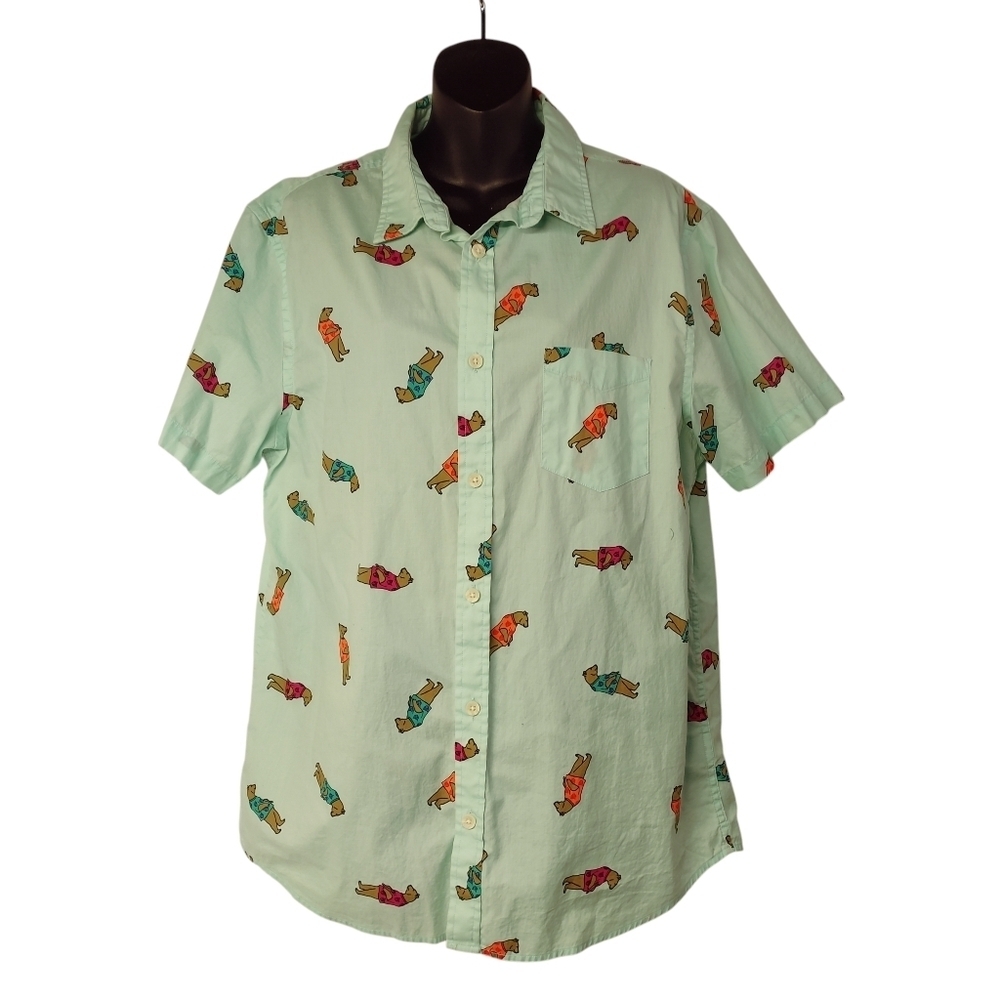 Urban Pipeline Bear Men's Teal Shortsleeve Button Down Shirt Size L